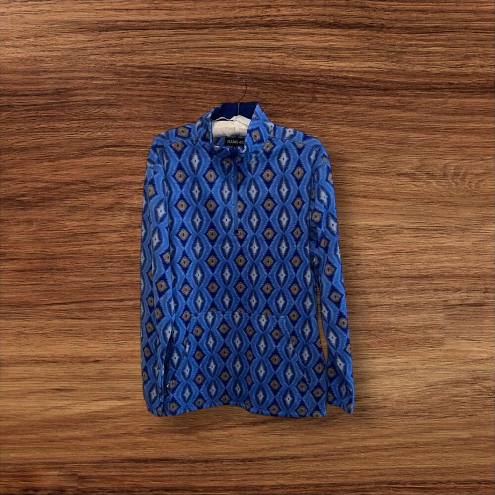 Rank 45 Men's L Blue 1/4 Zip Fleece Geometric Print Pullover‎ Front Pocket NWT